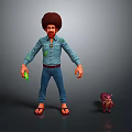 Man with Curly Hair Blue Shirt Jeans Holding Green Object and Small Purple Creature