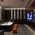 Luxury Modern KTV Lounge Interior With Orange Wall Art And Leather Seating