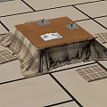 Japanese Style Low Table With Plaid Tablecloth Magazine Cups And Cushions