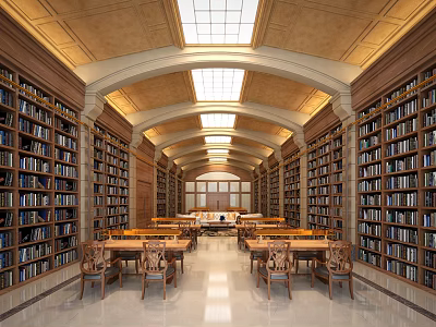 Classical Library Art Interior Design With Arched Ceiling Skylights And Wooden Bookshelves 3d model