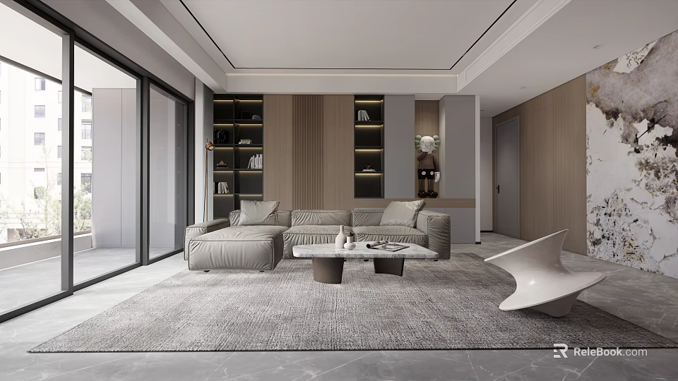 Modern Living And Dining Room Interior With Gray Sofa Coffee Table And Area Rug 3d model 