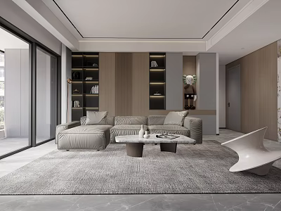 Modern Living And Dining Room Interior With Gray Sofa Coffee Table And Area Rug 3d model