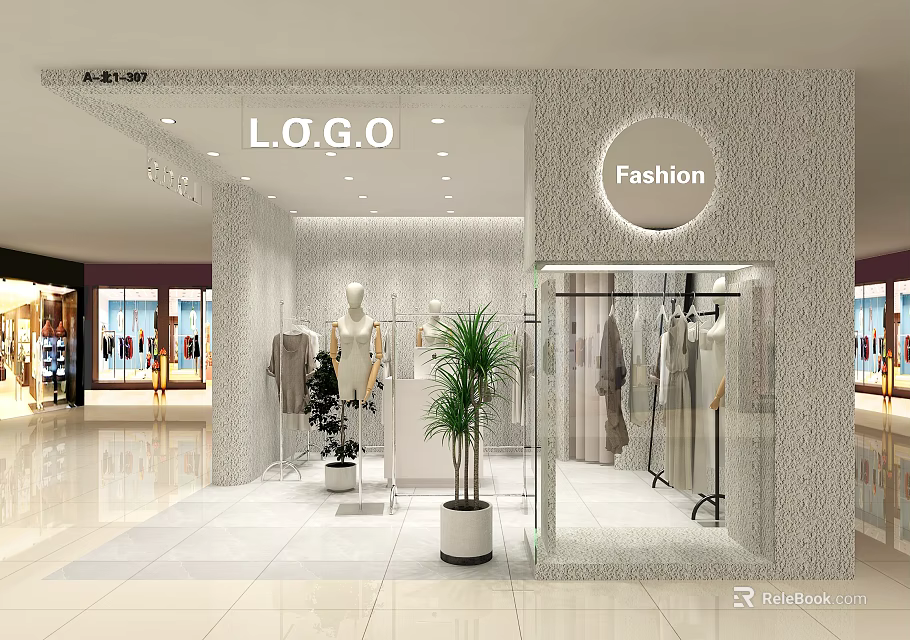 Modern Fashion Clothing Store Interior With Glass Window Mannequins Clothes Display And Plants 3d model 