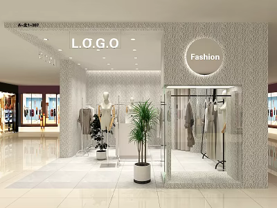 Modern Fashion Clothing Store Interior With Glass Window Mannequins Clothes Display And Plants 3d model