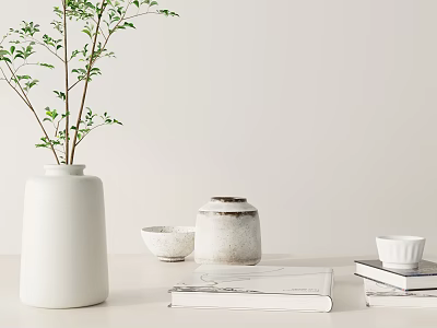 Minimalist Decorative Ornament Set With White Vase Green Plants Ceramic Jar And Books On Table 3d model