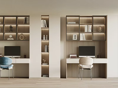 Modern Study Desk Interior With Built in Shelves Computer Chair And Decor 3d model