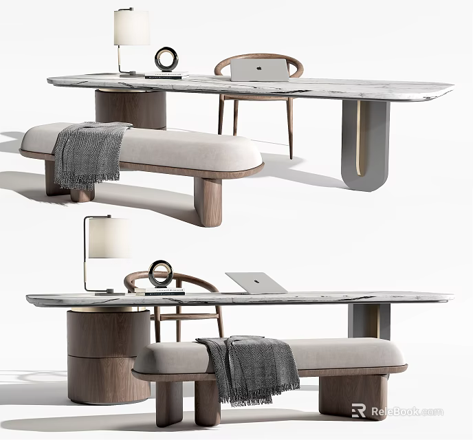 Elegant Minimalist Desk Setup With Marble Top Chair Bench And Table Lamp 3d model 