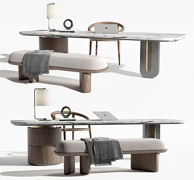 Elegant Minimalist Desk Setup With Marble Top Chair Bench And Table Lamp 3d model