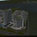 Modern Office Buildings Featuring Curved Design Near Waterfront Greenery Trees and Adjacent Roads