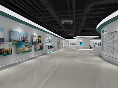Modern Exhibition Hall Interior With Display Walls Images Charts And Open Space Layout 3d model