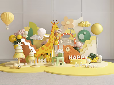 Colorful Happy Birthday Party Decor Scene With Giraffe Bear Balloons And Welcome Sign 3d model