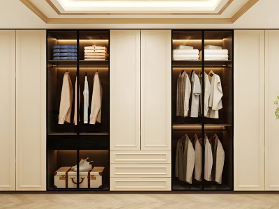 Modern Wardrobe Interior Design With Glass Doors Hanging Clothes Folded Towels And Suitcase 3d model