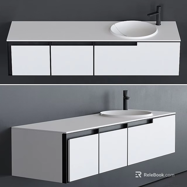 Modern Bathroom Vanity Design With White Countertop Round Sink And Black Framed Cabinets 3d model 