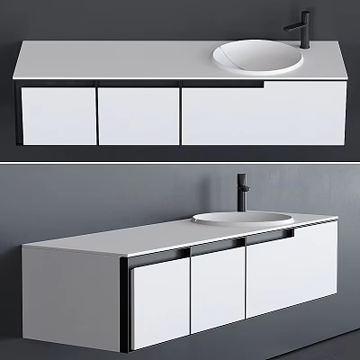 Modern Bathroom Vanity Design With White Countertop Round Sink And Black Framed Cabinets 3d model
