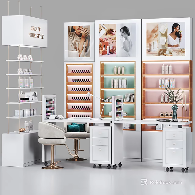 Modern Display Shelves for Nail Products with LED Lighting and Workstation Chair 3d model 