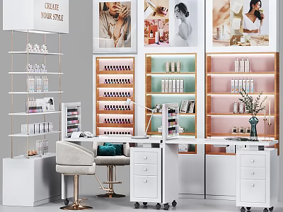 Modern Display Shelves for Nail Products with LED Lighting and Workstation Chair 3d model