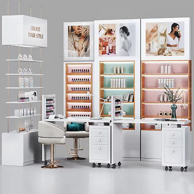 Modern Display Shelves for Nail Products with LED Lighting and Workstation Chair 3d model