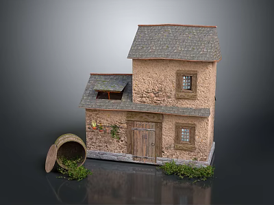 Detached Villa With Stone Exterior Gray Roof Wooden Door Windows And Green Plants 3d model