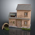 Detached Villa With Stone Exterior Gray Roof Wooden Door Windows And Green Plants