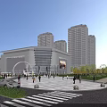 Modern Commercial Street With Shopping Mall Building Tall Buildings Pedestrian Plaza Greenery And Street Lamps