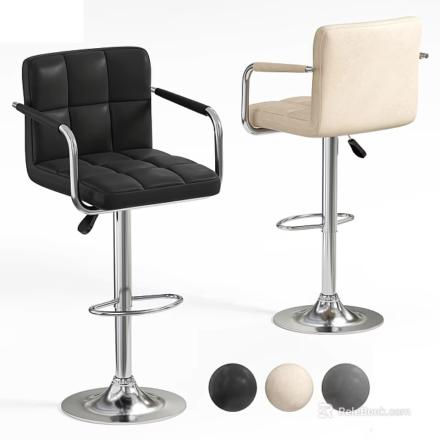 Black and Beige Leather Bar Stools with Armrests Metal Frame Adjustable Height Round Base 3d model 