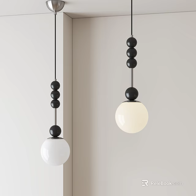 Modern Minimalist Pendant Light Featuring Black Spheres White Shade And Metal Rod 3d model 