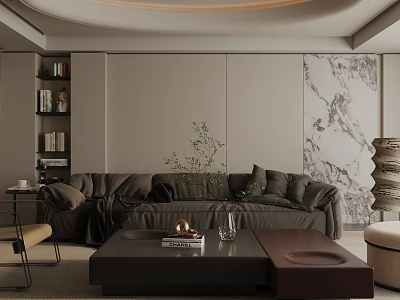 Cozy Modern Neutral Tone Living Room Interior With Plush Sofa And Elegant Marble Accent Wall 3d model