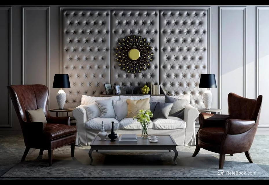 Luxurious Sofa and Coffee Table Set with Leather Chairs Tufted Wall and Decorative Mirror 3d model 