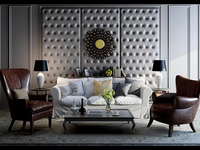 Luxurious Sofa and Coffee Table Set with Leather Chairs Tufted Wall and Decorative Mirror 3d model