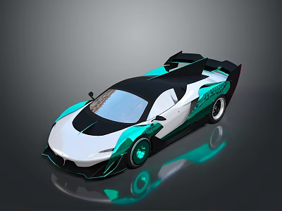 Modern Sleek Sports Car With White Teal Body Aerodynamic Rear Spoiler And Glossy Finish 3d model