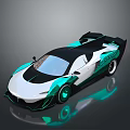 Modern Sleek Sports Car With White Teal Body Aerodynamic Rear Spoiler And Glossy Finish