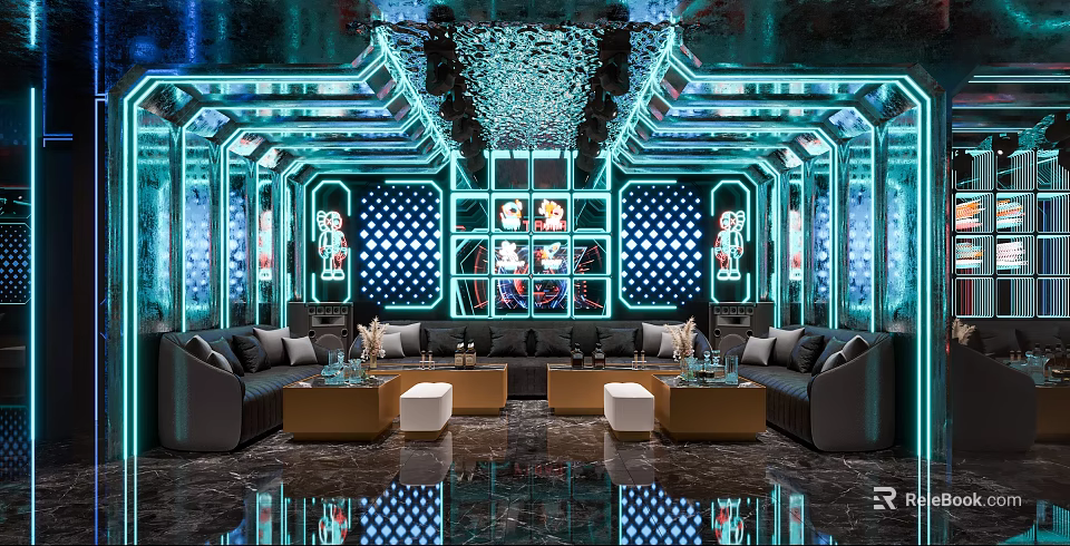 Futuristic KTV Lounge Interior With Neon Lights Sofas And Tables 3d model 