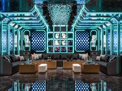 Futuristic KTV Lounge Interior With Neon Lights Sofas And Tables 3d model