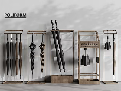 POLIFORM Stylish Wooden Umbrella Stands With Various Household Umbrellas On 3d model