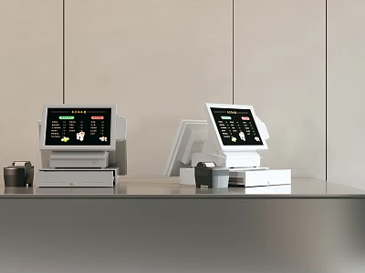 Two POS Terminals on Retail Counter with Digital Screens and Small Items Against Light Walls 3d model