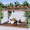 Outdoor Wooden Pergola Covered With Grape Vines And Fruits On Table And Wine Bottles