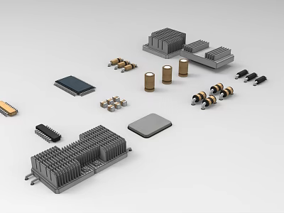 Various Industrial Equipment Components Including Heat Sinks Connectors And Metal Parts 3d model