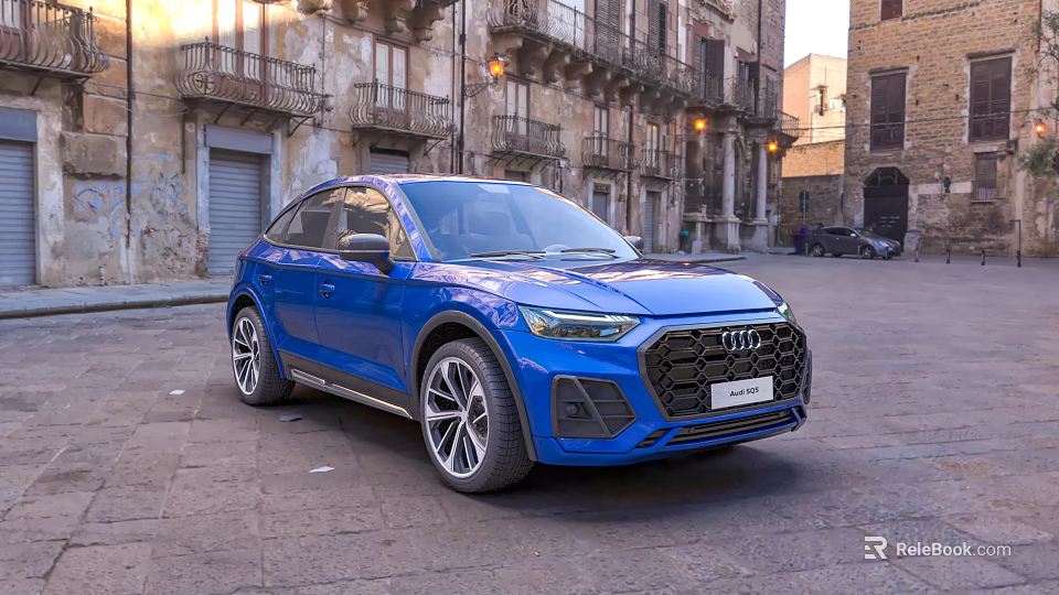 Blue Audi SUV Parked On Historic Street With Old Buildings In Urban Setting 3d model 