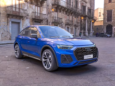 Blue Audi SUV Parked On Historic Street With Old Buildings In Urban Setting 3d model