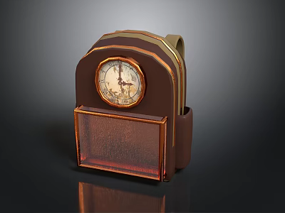 Vintage Brown Leather Desk Clock With Analog Dial And Storage Compartment 3d model