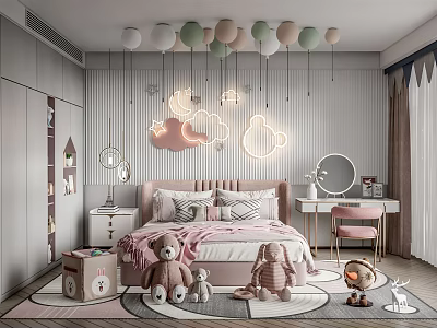 Kids Room Interior With Cloud Moon Star Lights Colorful Balloons Pink Bedding And Stuffed Toys 3d model