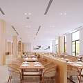 Spacious Modern Restaurant Interior With Wooden Tables And Large Windows 3d model