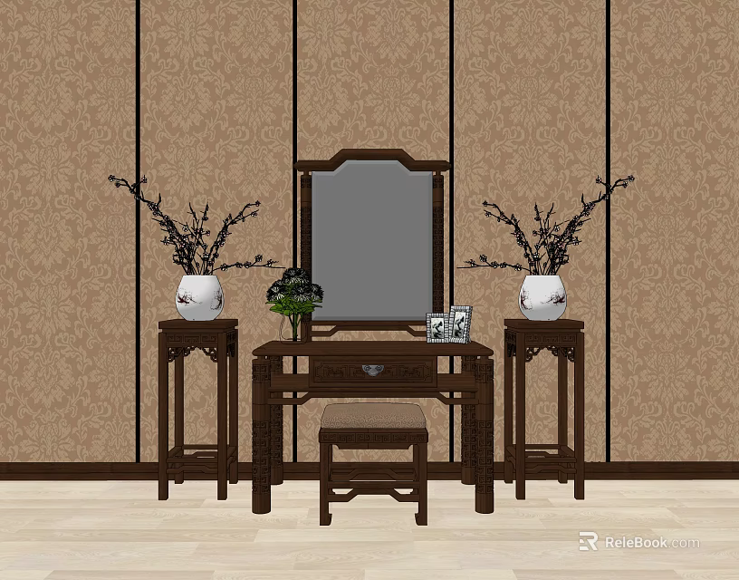 Traditional Wooden Dressing Table Interior With Mirror Stool And Patterned Wall 3d model