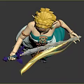 Mythical Elven Character With Golden Hair In Teal Outfit Holding Bow And Purple Arrow