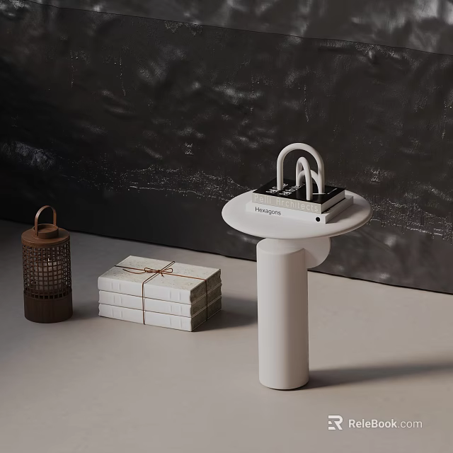White Modern Side Table With Round Top Design Book Stacked Boxes And Wooden Lantern 3d model 