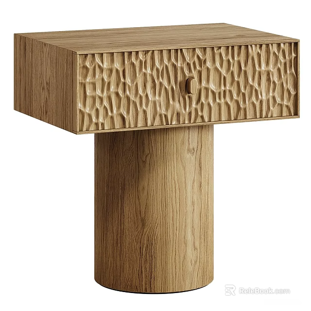 Modern Minimalist Wooden Side Table with Honeycomb Texture Drawer and Cylindrical Leg 3d model 