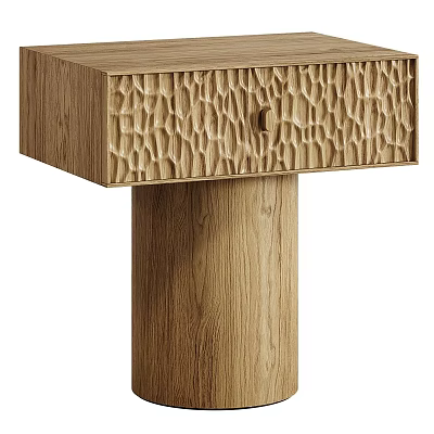 Modern Minimalist Wooden Side Table with Honeycomb Texture Drawer and Cylindrical Leg 3d model
