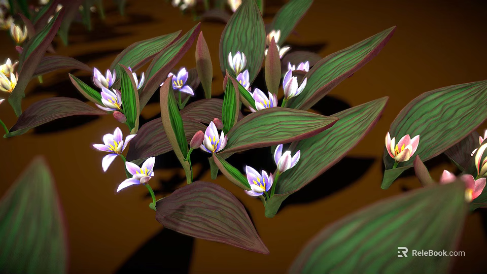Lush Garden Plants with Green Purple Striped Leaves and Delicate White Purple Flowers 3d model 