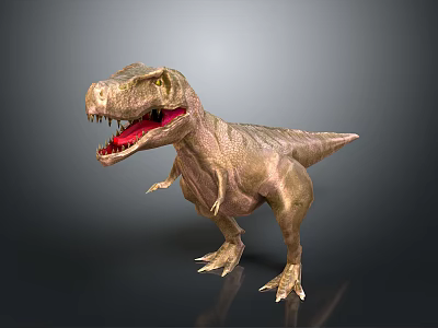 3D Rendered Tyrannosaurus Rex Character Standing with Open Mouth Exposed Teeth on Dark Background 3d model