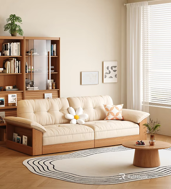 Beige Sofa With Wooden Frame And Cushions Paired With Wooden Coffee Table In Cozy Living Room 3d model 